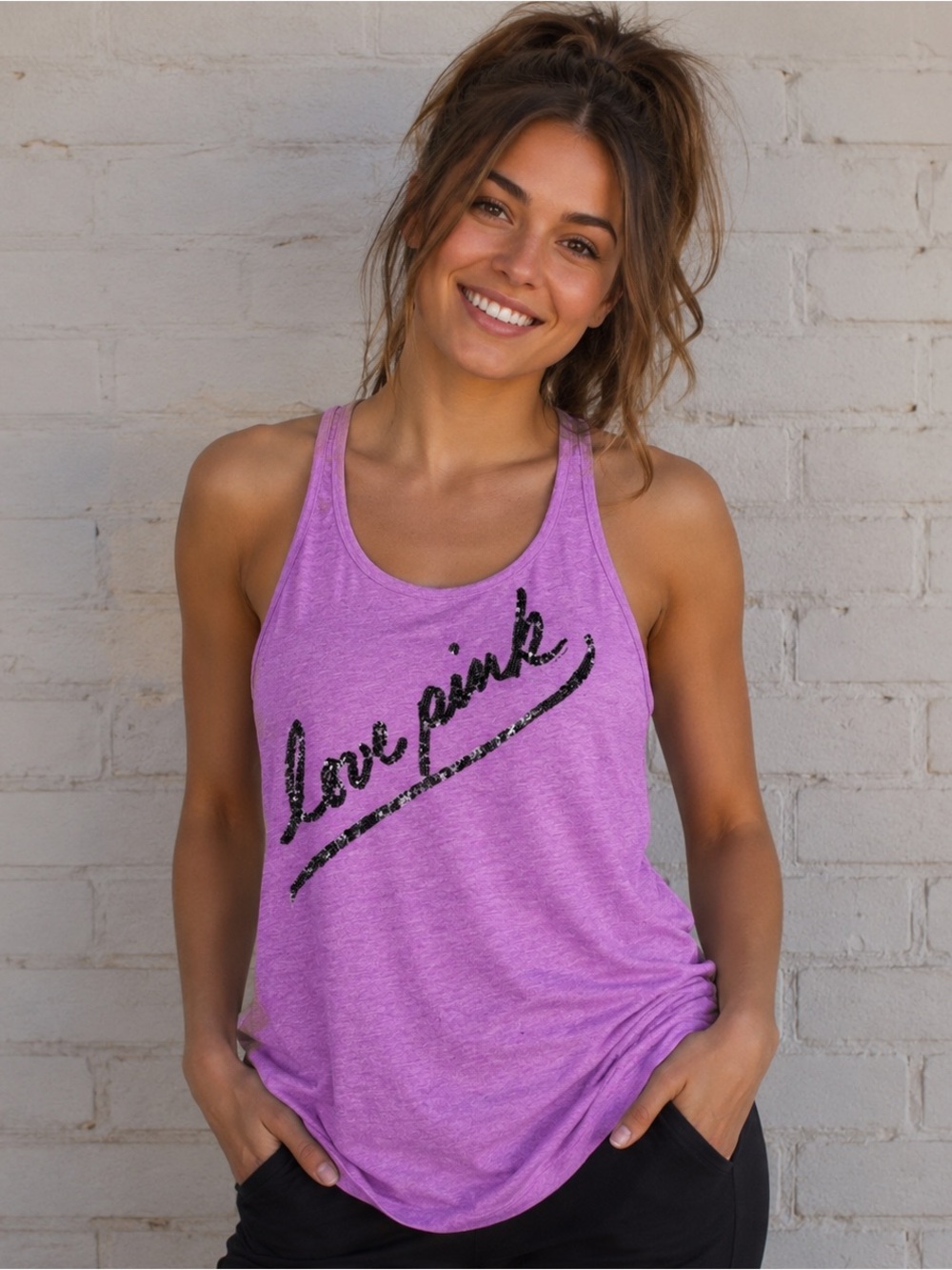 PINK Love Pink Purple Racerback Tank Top Sequin Graphic Lounge Athletic